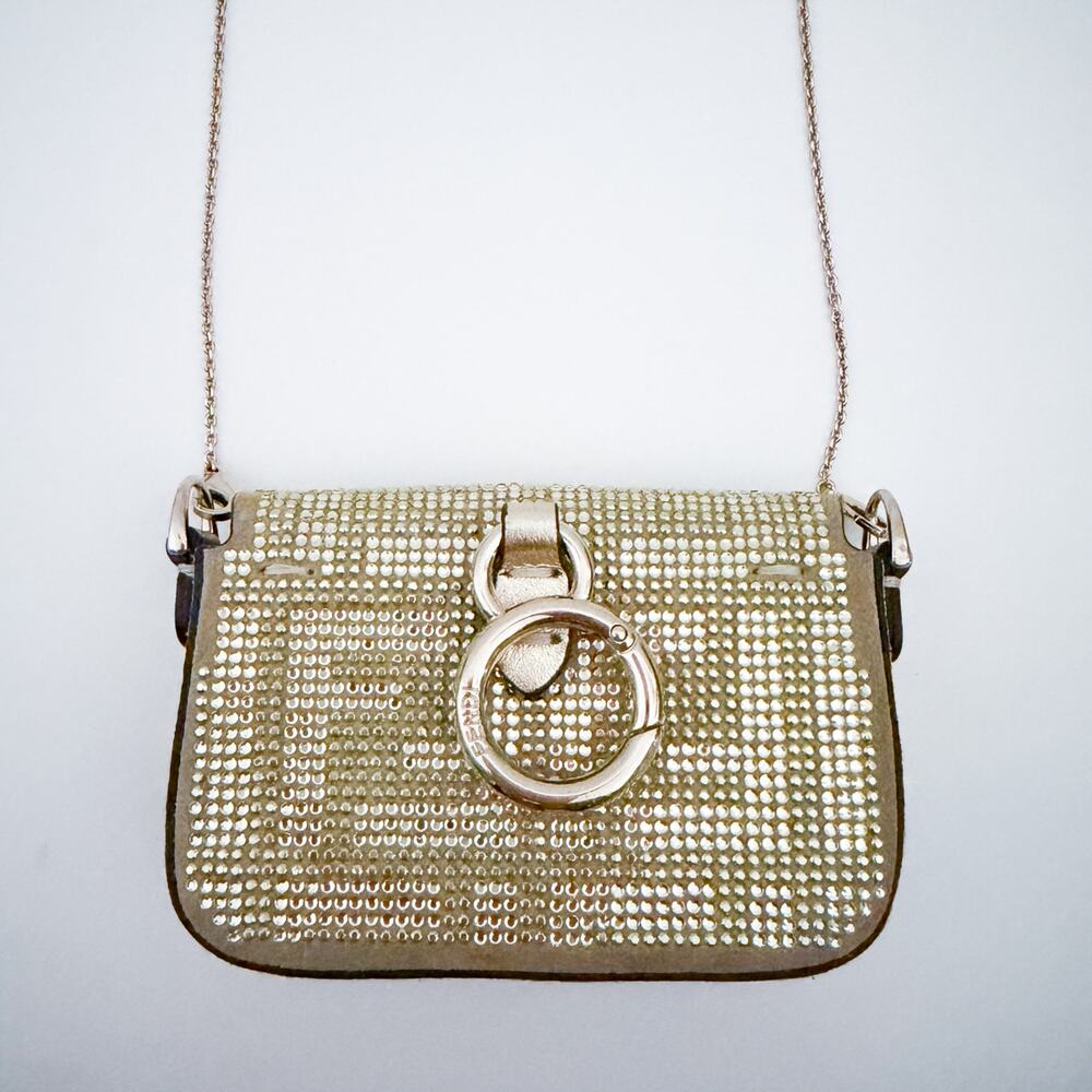 Fendi Crystal Vitello Laminato FF Nano Maxi Buckle Baguette Charm Light Gold - Picture 10 of 16